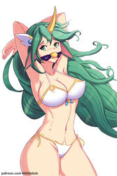 1girls alternate_costume animal_ears armpits arms_up ball_gag big_breasts bikini blush bondage bra breasts cleavage curvy female female_only gag green_eyes green_hair horn large_breasts league_of_legends lilith-fetish long_hair looking_at_viewer navel panties restrained side_tie_panties solo soraka standing star_guardian star_guardian_series star_guardian_soraka toned toned_female wide_hips yellow_ball_gag rating:Questionable score:98 user:justausername