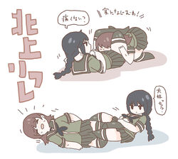  2girls black_hair blush brown_hair commentary_request kantai_collection kitakami_(kancolle) leg_lock lying mato_tsuyoi motion_lines multiple_girls ooi_(kancolle) sweat thighhighs translated wrestling yuri  rating:questionable score: user:bot