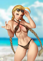 absurdres ahoge areola_slip areolae beach beckoning black_bikini blonde_hair blue_eyes blurry_background blush braid breasts cammy_white capcom clothed clouds cowboy_shot curvy didi_esmeralda eyelashes eyeliner eyeshadow facial_scar female female_only female_pubic_hair front_view gesture highres human inviting large_breasts lingerie long_hair looking_at_viewer makeup navel nipples outdoors pubic_hair pussy sand scar see-through signature skimpy solo standing street_fighter street_fighter_ii sunglasses sunglasses_on_head twin_braids twintails very_long_hair water rating:Explicit score:80 user:didmeister