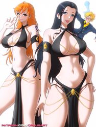 1boy 2girls bare_arms bare_legs bare_shoulders bare_thighs big_breasts black_hair blonde_hair blue_eyes blush color dress female harem_outfit hi_res inner_sideboob large_breasts light-skinned_female light_skin long_hair looking_at_viewer male male/female nami nami_(one_piece) nico_robin nosebleed one_piece opalisart orange_eyes orange_hair pelvic_line short_hair shounen_jump tagme tattoo thick_thighs vinsmoke_sanji yomorio_lingerie rating:Explicit score:104 user:Gigiti