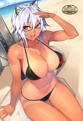 1girls animal_ears anonyma beach big_breasts bikini bikini_bottom bikini_top black_bikini blue_hair breasts cleavage female female_only gakuen_taisen_valkyries glasses hair_between_eyes huge_breasts looking_at_viewer navel o-ring o-ring_bikini one-piece_tan open_mouth outside purple_eyes sela_god short_hair swimsuit tan tan_line teeth rating:Questionable score:103 user:FLBPfan