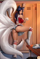 1girls ahri animal_ears artist_name back_view cheerleader cheerleader_ahri felox08 female hair_ornament knee_up kneehighs league_of_legends locker_room looking_at_viewer multi_tail multiple_tails pantyshot posing shoes_removed skirt solo tail upskirt whisker_markings yellow_eyes rating:Safe score:128 user:Freezer88