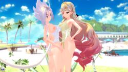  2021 2girls 3d 3d_(artwork) ass blonde_hair_female boobs_out breasts cosmixlewds dragon_ball female female_only koikatsu looking_at_another lumina_ashbell_(cosmixlewds) original_character partially_clothed partially_nude pressing_breasts_together prism_(mxntylewds) resort starling_heroes summer swimsuit topless white_hair_female  rating:explicit score: user:h3nikolmix