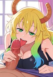  1boy 1girls ai_generated big_breasts big_penis blonde_hair blowjob breast_press fellatio grabbing_penis hat highres horns huge_breasts large_breasts licking licking_penis looking_at_viewer lucoa miss_kobayashi's_dragon_maid penis precum quetzalcoatl_(dragon_maid) tongue tongue_out unusual_pupils velvetshades  rating:explicit score: user:velvetshades