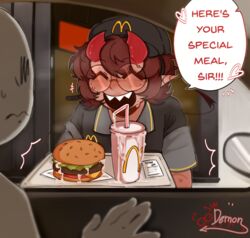  breath brown_hair burger cum cum_drip cum_in_food demon demon_(uh_demon) demon_boy demon_horns drink drive_thru driving fangs femboy food food_fetish food_play glasses happy heavy_breathing horn horns male mcdonald's meal red_horns sharp_teeth smile sweat sweating tan_body tan_skin twitter_user_oc uh_demon uniform window work working  rating:questionable score: user:uh_demon