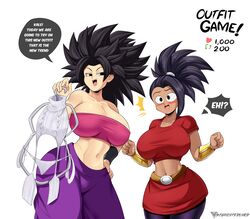 2girls big_breasts black_hair blush blushing byghosteduard caulifla chocolate_and_vanilla cleavage clothes_hanger dragon_ball dragon_ball_super dragon_ball_z female female_only female_saiyan girls_reacting_to_bikini_(meme) kale large_breasts navel open_mouth strip_game sweat text text_bubble thick_thighs thighs universe_6/universe_7 universe_6_girls virgin_destroyer_sweater wide_hips rating:Questionable score:158 user:HughthyDerg