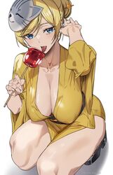 1girls ashiomi_masato blonde_hair cleavage food guilty_gear kimono large_breasts millia_rage no_bra solo squatting rating:Questionable score:40 user:messages