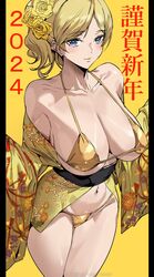 1girls ashiomi_masato bikini blonde_hair cleavage guilty_gear kimono large_breasts looking_at_viewer millia_rage standing yellow_background rating:Questionable score:46 user:messages