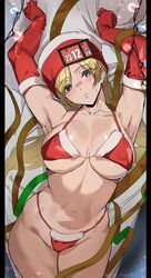 1girls ashiomi_masato bikini blonde_hair christmas cleavage guilty_gear hat large_breasts looking_at_viewer lying millia_rage rating:Questionable score:49 user:messages