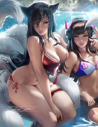 2girls ahri big_breasts bikini bra breasts cleavage crossover d.va female female_only large_breasts league_of_legends looking_at_viewer medium_breasts overwatch sakimichan vastaya rating:Safe score:282 user:justausername