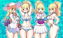 1girls :d ^_^ arms_behind_head arms_up ass bag bikini blonde_pubic_hair blue_background blush braid breasts cleavage cleavage_cutout closed_eyes clothed cosmog dress dress_lift duffel_bag female female_only green_eyes hat hips human kenron_toqueen lillie_(pokemon) long_hair looking_at_viewer navel nebby_(pokemon) nintendo open_mouth panties pokeball pokemon pokemon_sm ponytail school_uniform serafuku short_sleeves shoulder_bag sideboob skirt skirt_lift sleeveless sleeveless_dress smile solo_focus standing striped striped_bikini striped_panties sun_hat sweatdrop swimsuit text thick_thighs thigh_gap thighs underwear untied untied_bikini wide_hips rating:Questionable score:311 user:masternoobcake