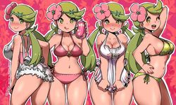 1girls :p ;d apron apron_pull arm_up bangs bikini blush breasts cleavage dark-skinned_female dark_skin female female_only flower flower_on_head green_bikini green_eyes green_hair hair_flower hair_ornament human human_only kenron_toqueen licking_lips looking_at_viewer low_twintails mallow_(pokemon) naked_apron navel nintendo one_eye_closed open_mouth overalls pink_background pink_bikini pokemon pokemon_sm shirt sideboob sleeveless sleeveless_shirt smile solo_focus standing swept_bangs swimsuit text thick_thighs thigh_gap thighs tongue tongue_out triangle_mouth twintails wide_hips rating:Questionable score:250 user:masternoobcake