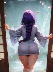 1girls ai_assisted ai_generated ass bare_legs braid braided_ponytail curvy erotic_nansensu floral_print from_behind genshin_impact japanese_clothes kimono light-skinned_female long_hair onsen patreon_username petals purple_hair raiden_shogun single_braid sliding_doors solo thick_thighs wet yukata rating:Questionable score:154 user:donkeyskin