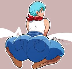 1girls ass_focus big_ass blue_eyes blue_hair boots bulma_briefs colacat95 crossnsfw dragon_ball dragon_ball_super fair-skinned_female frogbutt jeans non-nude scarf solo_female thick_thighs white_shirt rating:Questionable score:147 user:MatoimaruTiddies