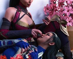 2girls 3d black_hair chest chocolate clone cuddling edenian eye_contact female female_only flower fully_clothed kitana kiteena long_hair mileena mortal_kombat mortal_kombat_1_(2023) pampering princess rayalterego23 royalty shy sisters smile valentine's_day wholesome rating:Questionable score:28 user:movesetmain