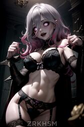  1girls abs ai_generated briar_(league_of_legends) cleavage female goth goth_girl gothic gothic_lolita gray_eyes gray_hair league_of_legends lingerie pale-skinned_female pale_skin sharp_teeth solo zrkhsm  rating:safe score: user:zrkhsm_