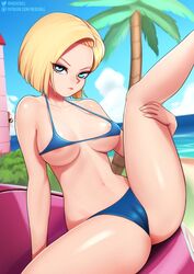 1girls android_18 bikini blonde_hair blue_bikini blue_bikini_bottom blue_bikini_top blue_eyes breasts cameltoe cleavage cyborg dragon_ball dragon_ball_z female female_only looking_at_viewer navel neocoill short_hair solo spread_legs thong_bikini rating:Questionable score:111 user:justausername