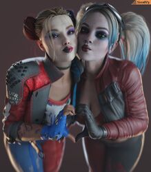 2girls 3d 3d_(artwork) alternate_version_available batman_(series) big_breasts cleavage curvaceous curvy curvy_figure dc dc_comics eyebrows eyelashes eyes female female_only hair harley_quinn harley_quinn_(injustice) harley_quinn_(suicide_squad_game) heart_hands heart_hands_duo hourglass_figure injustice_2 light-skinned_female light_skin lips multicolored_hair smitty34 suicide_squad:_kill_the_justice_league villain villainess rating:Safe score:317 user:Crcole331