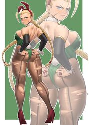 1girls back_muscles blonde_hair blue_eyes bunny_ears bunny_girl bunnysuit cammy_white dat_ass face_scar green_background green_bunnysuit green_outfit high_heels leotard pantyhose ponytail red_bunny_ears red_fingernails red_high_heels street_fighter torn_pantyhose zukululuu rating:Questionable score:73 user:Private_Geek