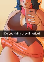 cellphone cosplay cosplay_girl_(dedalo) dawn_(pokemon) dedalo no_panties phone piercing pokemon pokemon_dppt pubic_stubble skirt_lift snapchat solo text rating:Questionable score:58 user:choustou