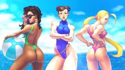 3girls asian ass asymmetrical_hair back_view beach_ball belly_chain big_ass bikini black_hair blonde_hair blue_eyes bracelet breasts brown_eyes brown_hair brown_skin cammy_white capcom chun-li cleavage clothed clothed_female clothes clothing cowboy_shot dark-skinned_female dark_hair dark_skin dat_ass earrings female female_only human jiggeh large_breasts latina laura_matsuda light-skinned_female light_skin long_hair looking_at_viewer multiple_females muscular_female one-piece_swimsuit one-piece_thong outdoors outside ponytail revealing_clothes scrunchie sideboob smile street_fighter street_fighter_v sunglasses swimsuit thong thong_bikini trio uncensored very_long_hair video_games rating:Questionable score:119 user:Freezer88