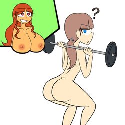 2girls ass blue_eyes breasts clara_garcia drooling female fit fit_female fitness heart_eyes joana_jimenez light_brown_hair long_hair looking_back nairod103098 nipples nude orange_hair ponytail squatting tagme weightlifting rating:Explicit score:9 user:Antipenitant