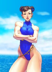 1girls beach belly_chain blue_swimsuit blush bracelet breasts brown_eyes brown_hair capcom chun-li cleavage clothed clothed_female clothes clothing clouds covered_navel crossed_arms double_bun earrings female female_only flower front_view gold_jewelry hair_bun hair_flower highleg highleg_swimsuit human jewelry jiggeh large_breasts lipstick looking_at_viewer one-piece_swimsuit outdoors solo street_fighter street_fighter_v swimsuit rating:Safe score:45 user:SolemnTagger