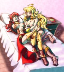  2girls blonde_hair breasts fontez large_breasts pyrrha_nikos red_hair rwby yang_xiao_long yuri  rating:explicit score: user:mastersword88