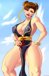 1girls absurdres alternate_costume big_breasts breasts chun-li cleavage double_bun eyeshadow female female_only hair_bun highres large_breasts looking_at_viewer nipple_bulge solo sowilo street_fighter text thick_thighs watermark wide_hips rating:Questionable score:90 user:justausername