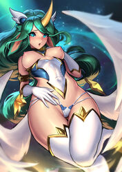 alternate_costume animal_ears areolae breasts cameltoe cianyo female female_only green_eyes green_hair horn league_of_legends looking_at_viewer nipples panties smooth_skin solo soraka star_guardian star_guardian_series star_guardian_soraka thighhighs rating:Explicit score:114 user:justausername