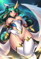 1girls alternate_costume animal_ears areolae breasts censored cianyo female female_only green_eyes green_hair horn league_of_legends looking_at_viewer nipples pubic_hair pussy smooth_skin solo soraka star_guardian star_guardian_series star_guardian_soraka thighhighs rating:Explicit score:136 user:justausername