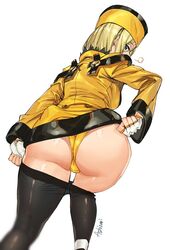 ashiomi_masato ass black_legwear blonde_hair blue_eyes breath female fingerless_gloves fur_hat gloves guilty_gear guilty_gear_xrd hat hips jacket looking_back millia_rage panties pantyhose pantyhose_pull signature simple_background solo thighs underwear ushanka white_background yellow_hat yellow_panties rating:Explicit score:155 user:bot