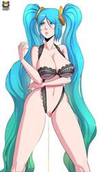 aqua_hair areolae blue_eyes blue_hair breasts cleavage female gradient_hair kyoffie large_breasts league_of_legends long_hair navel peeing see-through solo sona_buvelle standing tagme underwear very_long_hair rating:Explicit score:45 user:bot