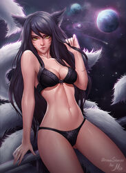 1girls ahri aroma_sensei bra breasts cleavage female female_only league_of_legends looking_at_viewer panties solo yellow_eyes rating:Safe score:168 user:justausername