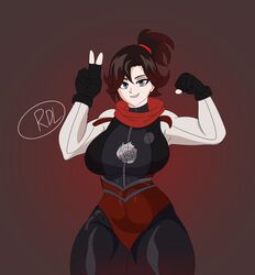  dc_comics flexing justice_league_x_rwby:_super_heroes_and_huntsmen peace_sign ponytail pose rdl reddragonlust rooster_teeth ruby_rose rwby silver_eyes skin_tight solo solo_female solo_focus  rating:explicit score: user:reddragonem