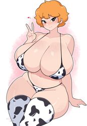 2024 bea_(brawl_stars) big_ass big_breasts brawl_stars breasts_bigger_than_head cow_print cow_print_bikini freckles_on_breasts freckles_on_thighs huge_breasts orange_hair peace_sign roixy_nsfw thick_thighs voluptuous rating:Explicit score:135 user:Stpw