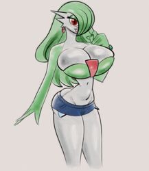 artist_request bimbo bimbofication booty_shorts breasts_bigger_than_head bubble_butt daisy_dukes gardevoir hair_over_one_eye hoop_earrings looking_at_viewer pokémon_(species) pokemon seductive_look simple_background simple_coloring rating:Explicit score:14 user:Boogisniss