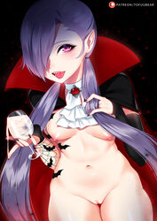 arm_tattoo black_cape black_gloves black_nails blue_hair breasts cape censored cum cum_in_cup fangs female hair_over_one_eye halloween has_uncensored_version jinx_(league_of_legends) league_of_legends long_hair mosaic_censoring nipples nude pink_eyes pussy shaved_pussy solo tofuubear twintails vampire rating:Explicit score:64 user:bot