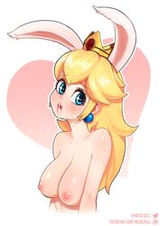 1girls after_fellatio big_breasts blonde_hair blue_eyes breasts bunny_ears busty cum cum_in_mouth facial female huge_breasts large_breasts long_hair looking_at_viewer mario_(series) neocoill nintendo nipples princess_peach solo tagme topless rating:Explicit score:143 user:chooped