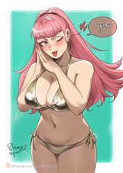 1girls ;) ;p absurdres alternate_costume bare_arms bare_shoulders bikini blunt_bangs blush breasts cowboy_shot deliciousbra deliciousbrain female female_only fire_emblem fire_emblem:_three_houses gold_bikini gold_swimsuit golden_week hands_up highres hilda_valentine_goneril large_breasts long_hair looking_at_viewer nail_polish navel one_eye_closed own_hands_together pink_eyes pink_hair pink_nails side-tie_bikini_bottom smile solo standing stomach swimsuit thighs tongue tongue_out yellow_bikini yellow_swimsuit rating:Questionable score:24 user:kris923