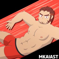  1boy akashi_(live_a_hero) boxers bulge floating live-a-hero live_a_hero looking_at_viewer male male_only mkaiast muscles muscular muscular_male nipples pecs plain_background red_clothing red_eyes red_hair underwear underwear_only white_skin  rating:explicit score: user:mkaiast