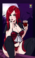 aroused breasts cameltoe choker cleavage corset deep_cleavage female female_only g-string green_eyes katarina_du_couteau kyoffie large_breasts league_of_legends lingerie long_hair panties red_hair red_lingerie solo stockings thighhighs rating:Questionable score:86 user:justausername