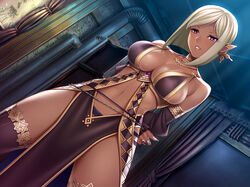 blonde_hair breasts dark_skin elf female large_breasts looking_at_viewer nail_polish navel necklace nipples no_bra pelvic_curtain pointy_ears purple_eyes sano_toshihide seductive shiny shiny_skin short_hair smile standing sweat taimanin_(series) taimanin_asagi_battle_arena valentia rating:Questionable score:111 user:bot