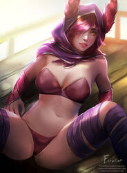 1girls animal_ears bra breasts cameltoe cat_eyes cleavage egirl eyelashes eyeshadow female female_only firolian fox_girl hair_over_eye league_of_legends long_hair looking_at_viewer pale_skin panties partially_visible_vulva red_hair red_lipstick shy solo spread_legs vastaya xayah yellow_eyes rating:Questionable score:187 user:justausername