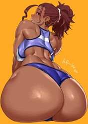 1girls ass breasts cleavage dark-skinned_female dark_skin female female_only hoop_earrings huge_ass looking_at_viewer looking_back mikoyan muscles muscular_female solo text thick_thighs wide_hips rating:Questionable score:323 user:justausername