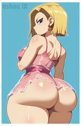  ai_generated android_18 ashaa back_view big_ass big_breasts blonde_hair blue_background blue_eyes bubble_butt dragon_ball dragon_ball_super dragon_ball_z dress earrings huge_ass jewelry pawg simple_background transparent_clothing white_outline yellow_hair  rating:questionable score: user:ashaa