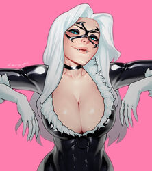 1girls arms_up big_breasts black_cat_(marvel) blue_eyes blush bodysuit breasts choker cleavage domino_mask eyeshadow fangs felicia_hardy female female_only gloves half-closed_eyes huge_breasts large_breasts lerapi long_hair looking_at_viewer marvel marvel_comics mask shiny_suit signature simple_background smile solo solo_female spandex spider-man_(series) white_hair zipper_pull_tab rating:Questionable score:674 user:justausername