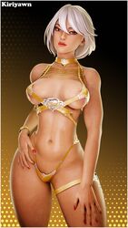  3d aphrodite_(fortnite) bikini fancy_clothing female fortnite gold_bikini hips kiriyawn lipstick nail_polish oiled_skin scarecraw_ visible_areolae white_hair  rating:explicit score: user:sadismember