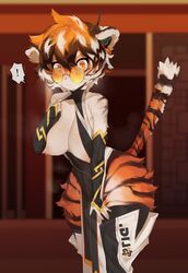 1girls animal_ears anthro arknights big_breasts blush eress fur glasses looking_at_viewer orange_eyes orange_fur orange_hair partially_clothed presenting short_hair solo standing surprised sweat tail thick_thighs waai_fu_(arknights) rating:Explicit score:17 user:LukeSkyLuke