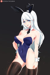 ashe_(league_of_legends) big_breasts blue_eyes breasts bunny_ears bunnysuit cleavage female female_only large_breasts league_of_legends leotard long_hair looking_at_viewer solo thighhighs tofuubear white_hair rating:Questionable score:131 user:justausername